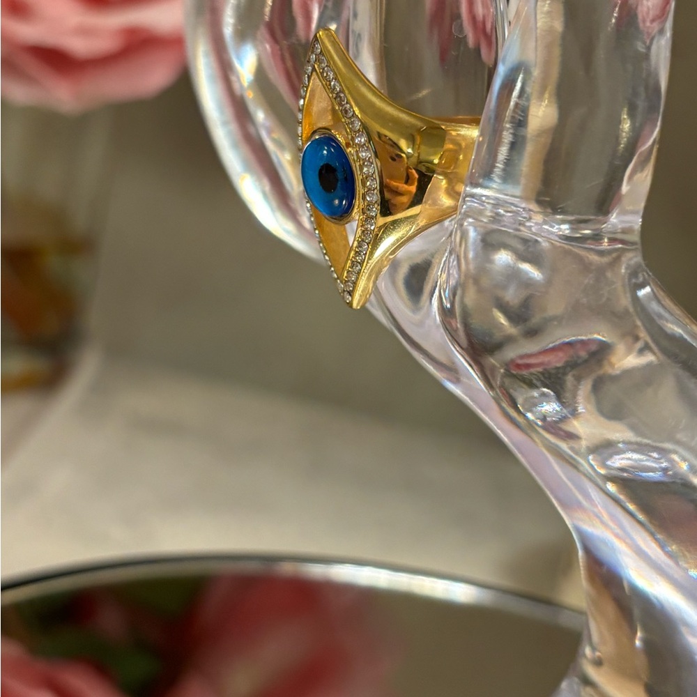 NWT Showstopper sz 8 Crystal Gold & Blue Evil Eye Ring 1 inch GORGEOUS - Picture 5 of 9